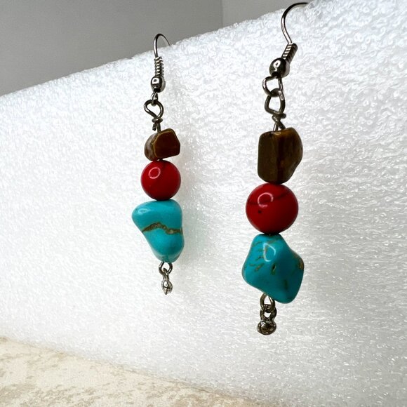 Boho Turquoise Jasper Cat’s Eye Dangle Earrings Southwestern Silver tone - Picture 6 of 7